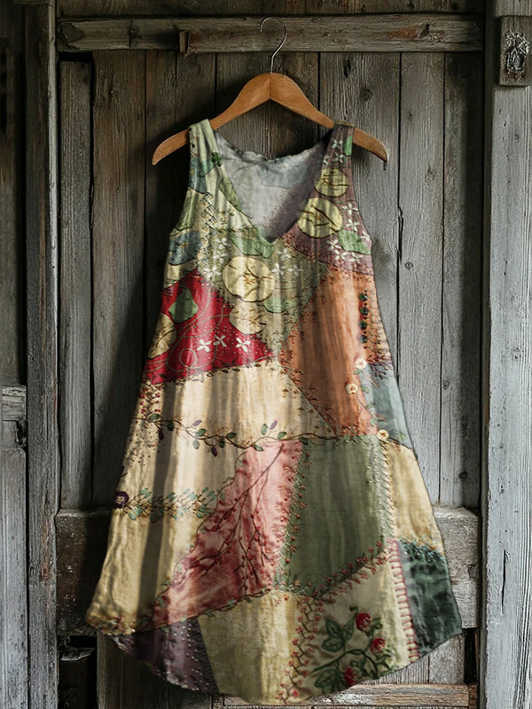 Women's Vintage Ethnic Patchwork Art Print V-neck Pocket Cotton Dress