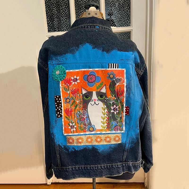Pop Art Cat Oil Painting Pattern Denim Jacket elevenforest