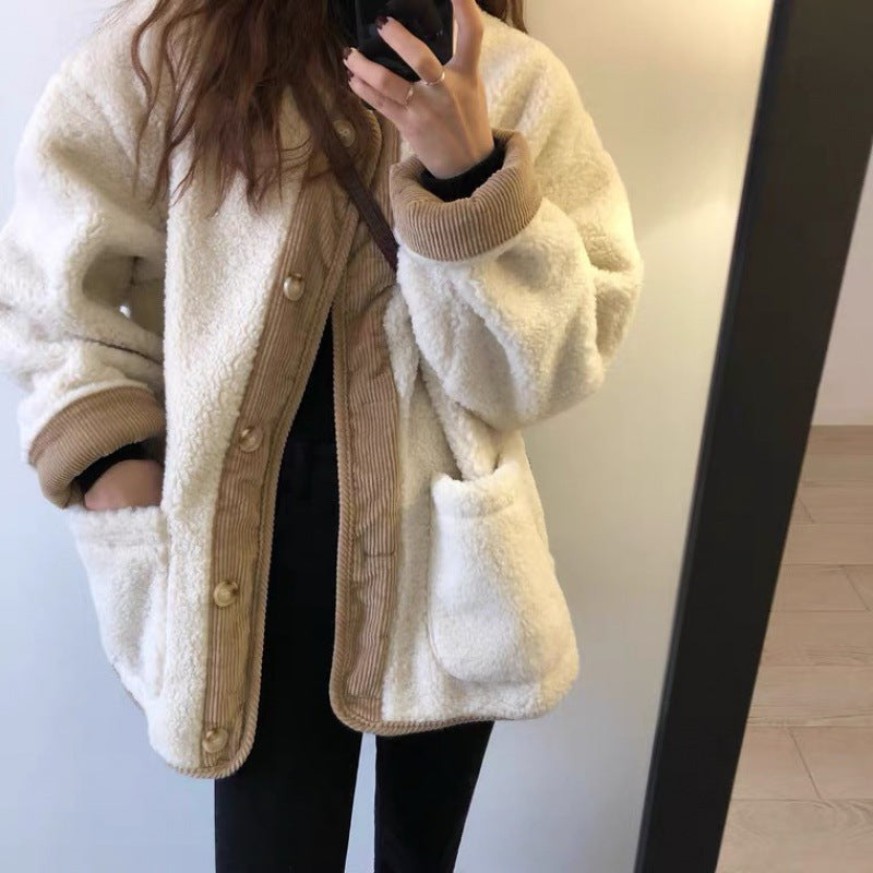 Winter Color Matching Thick Sheep Wool Cotton Jacket