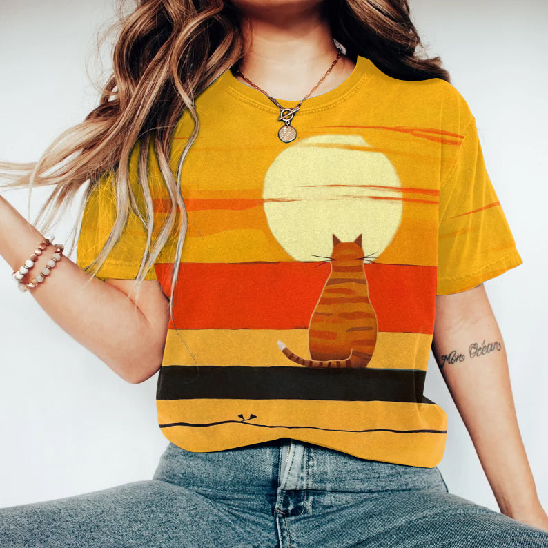 Abstract Creative Cute Cat Watching The Sunset Painting Art T-Shirt elevenforest