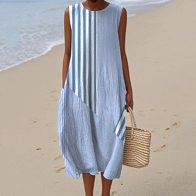 Comstylish Retro Stripes Pattern Comfy Linen Tank Dress