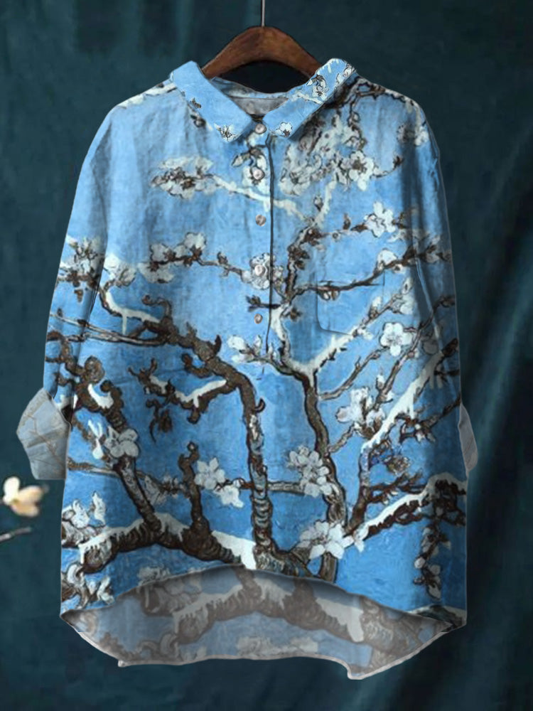 Ink Snow Plum Blossoms In Cotton And Linen Shirt