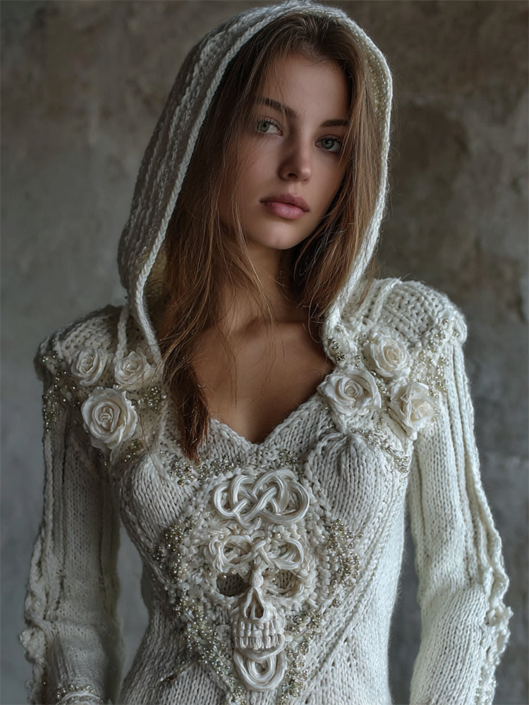 Vintage White Roses Celtic Skull Beaded Hooded Cozy Knit Sweater artswardrobe