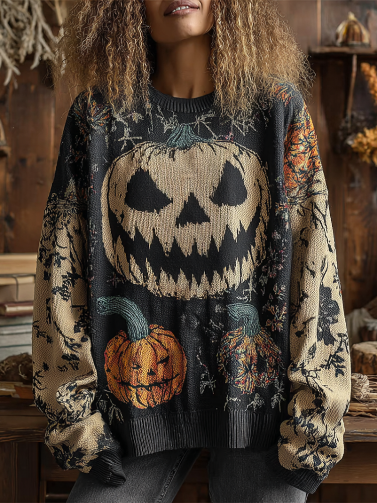 Halloween Pumpkin Face And Plant Flower Pattern Design Women's Round Neck Knit Sweater artswardrobe