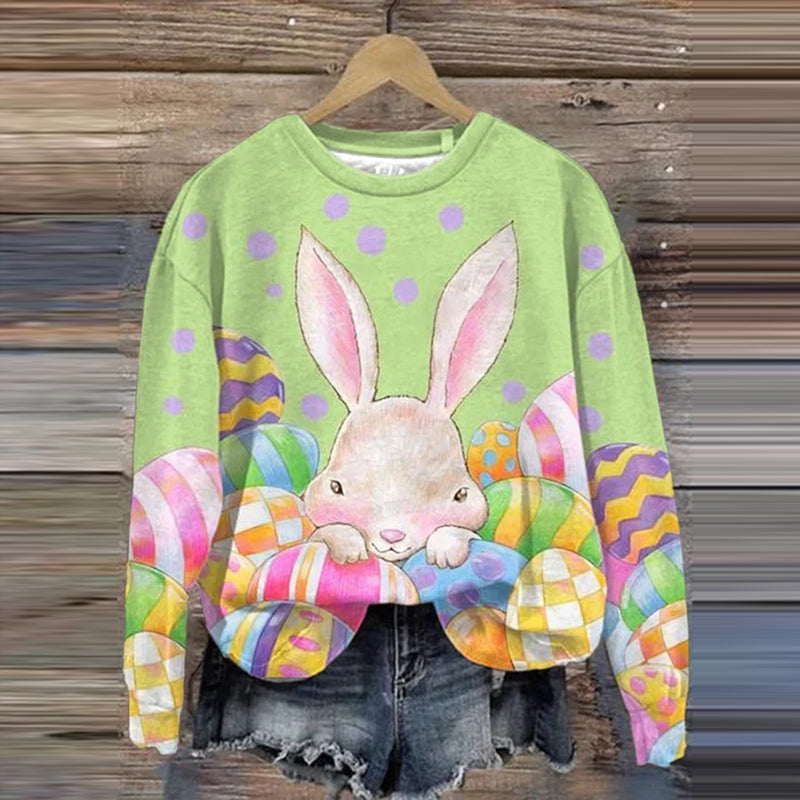 Women's Easter Bunny Egg Print Round Neck Sweatshirt artswardrobe