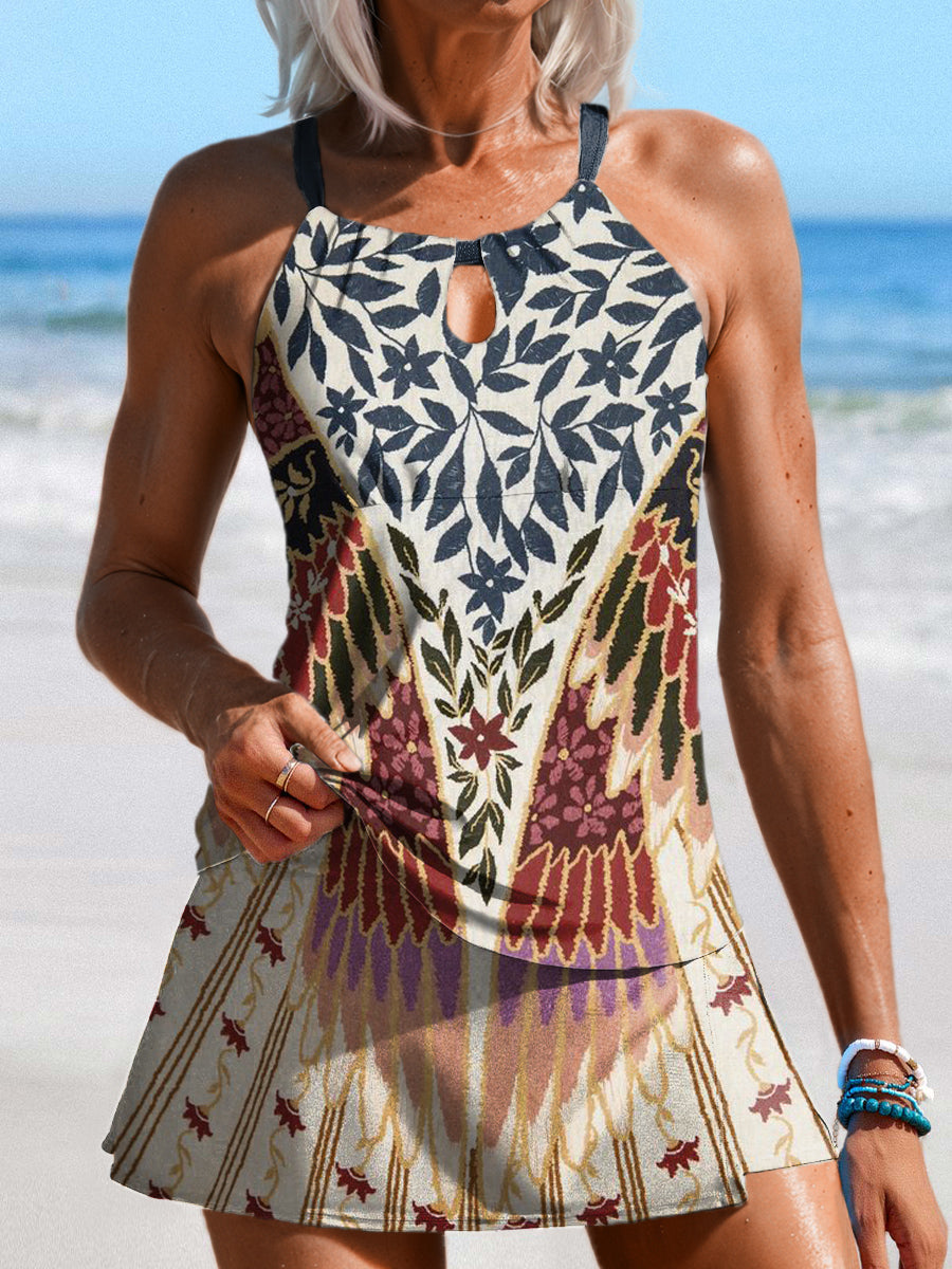 Retro Phoenix Wings and Flowers Print Hollow Suspenders Tankini PantSkirt Set