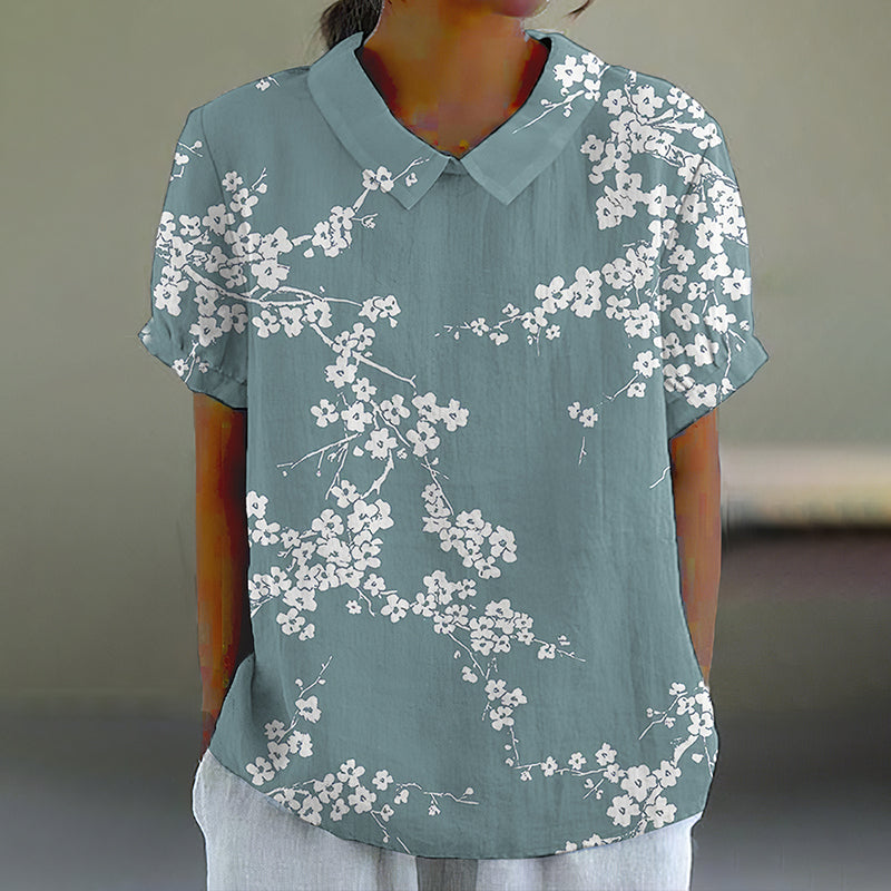 Comstylish Cherry Blossom Japanese Print Casual Cotton Linen Shirt