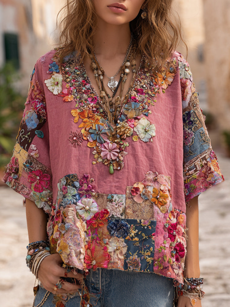 Bohemian Patchwork Three-dimensional Flower Rhinestone Embroidery Pink Vintage V-neck Short-sleeved Shirt artswardrobe