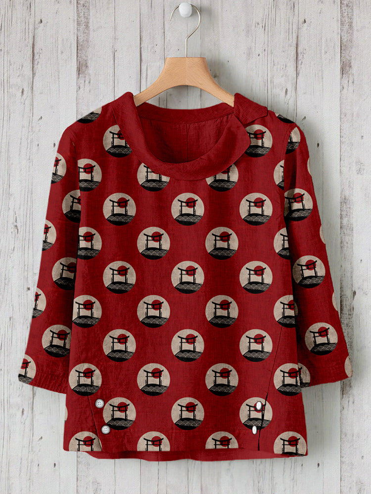 Vintage Japanese Torii Pattern Linen Blend Shirt
