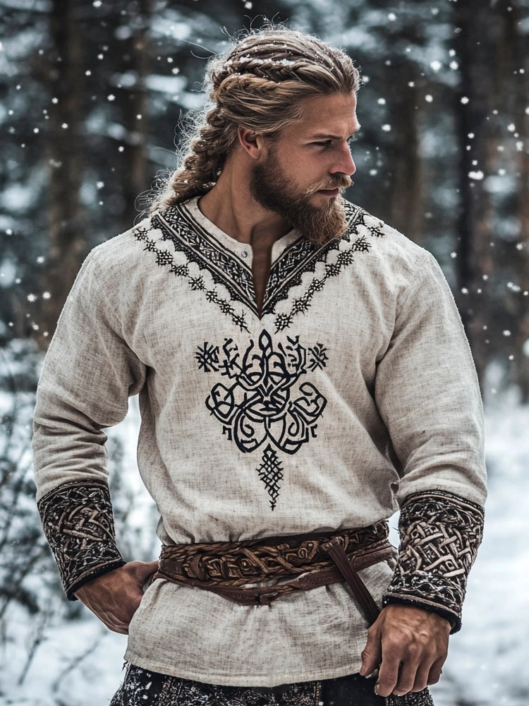Vintage Viking Totem Men's Long Sleeve Linen Shirt artswardrobe