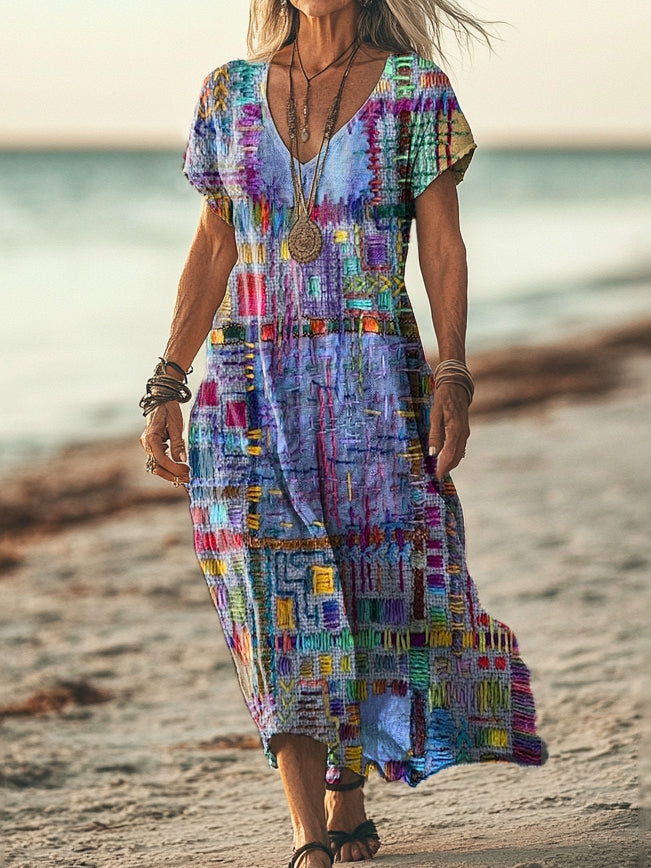 Women's Ethnic Patchwork Print Sleeveless V-Neck Pocket Cotton Dress