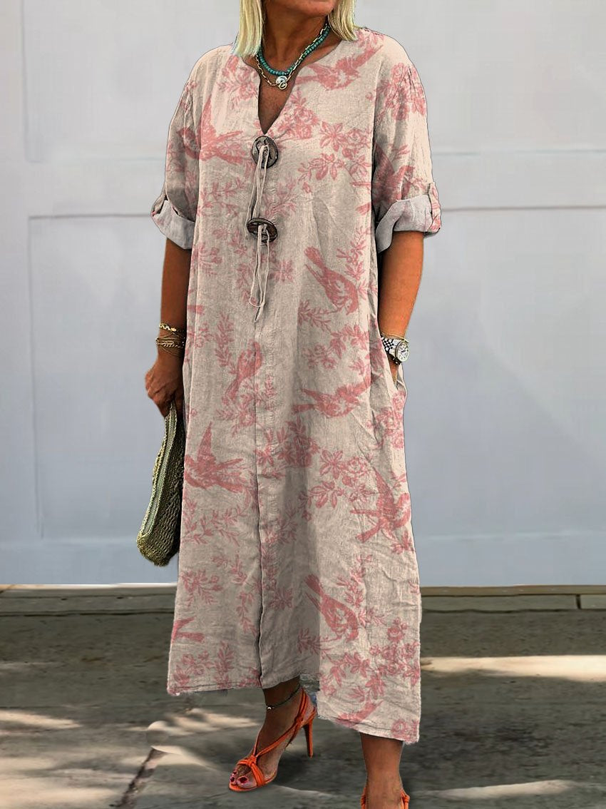 Women's Vintage Lovely Birds Floral Art Print Pocket Cotton Dress