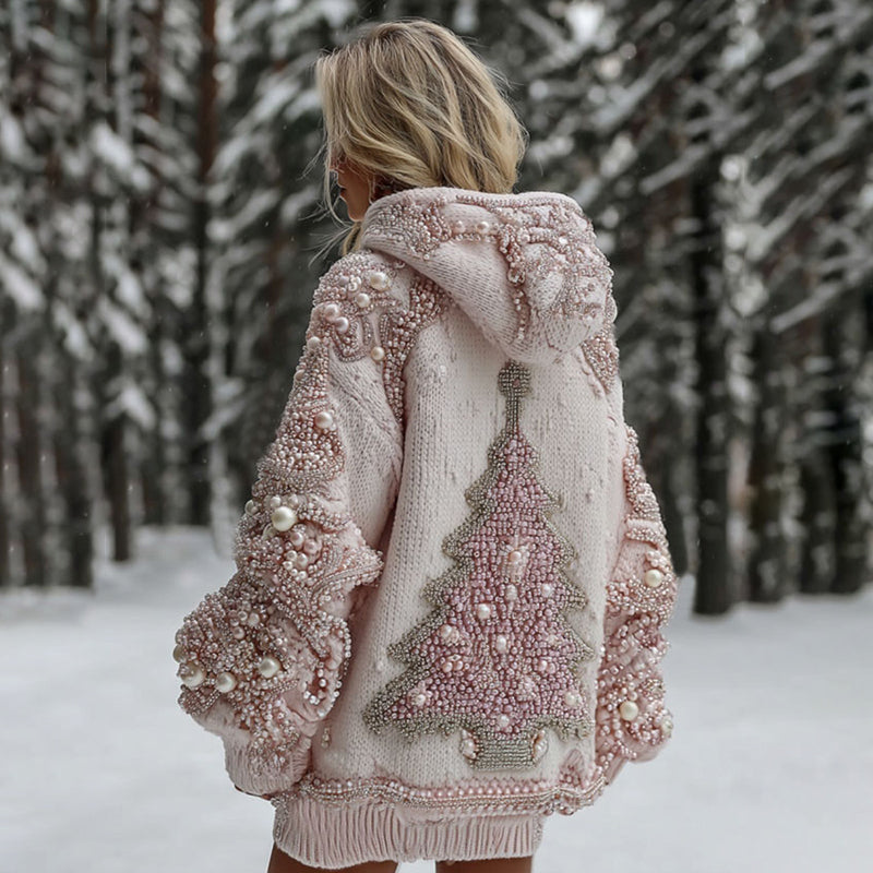 Women's Pearl Christmas Tree Knit Jacquard Cozy Hooded Sweater artswardrobe