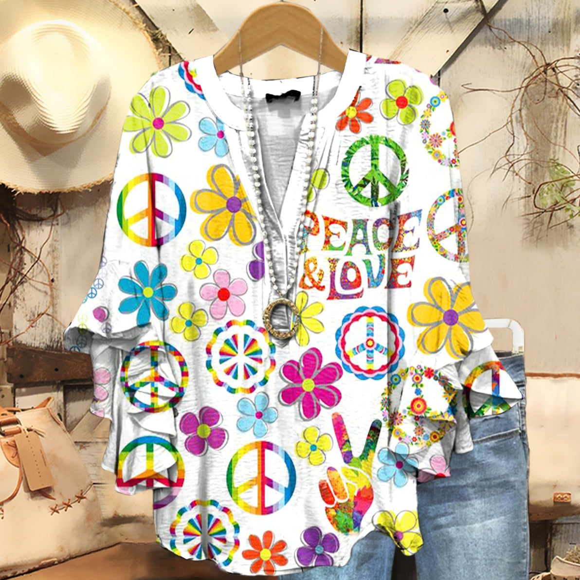 Women's Hippie Peace Love Floral Art Pattern Print Casual Cotton Shirt