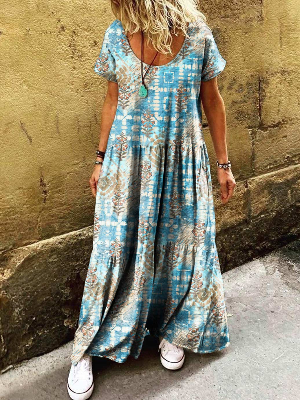 Women's Ethnic Tribal Art Floral Print Round Neck Short Sleeve Dress