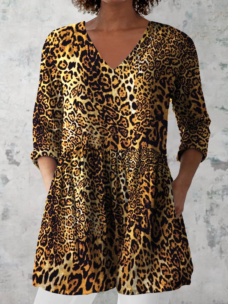 Women's Retro Leopard Print Casual Cotton And Linen V-neck Top