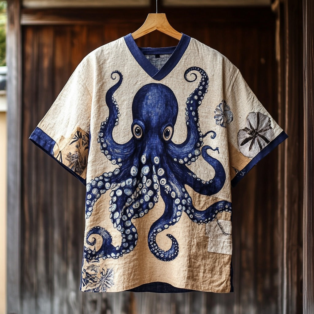Retro Japanese Octopus Pattern Art Linen Blend Dress artswardrobe
