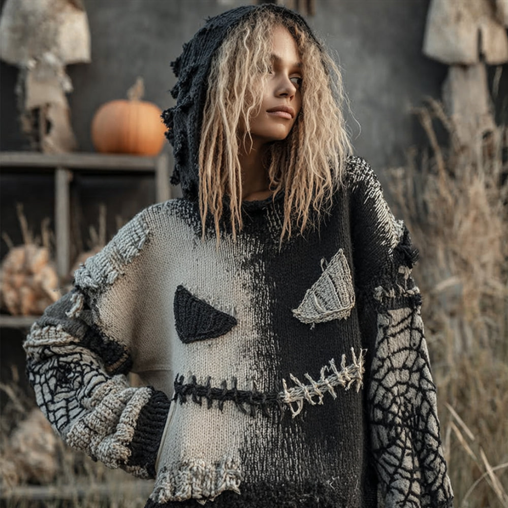 Women's Halloween Pumpkin Face Black And White Retro Stitching Hooded Sweater artswardrobe