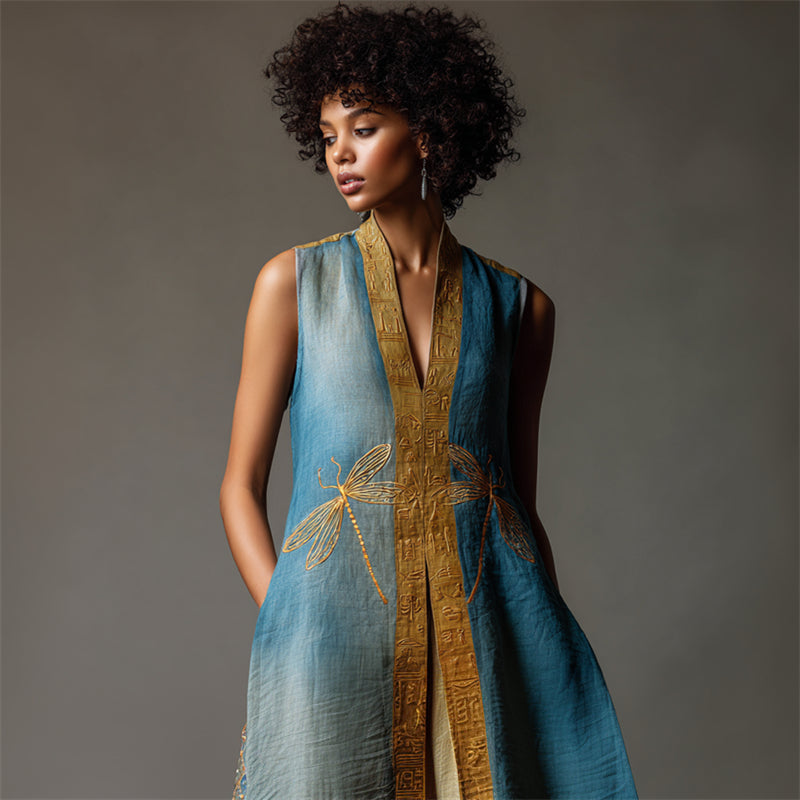 Dragonflies Ancient Egyptian Golden Embroidered Gradient Linen Dress artswardrobe