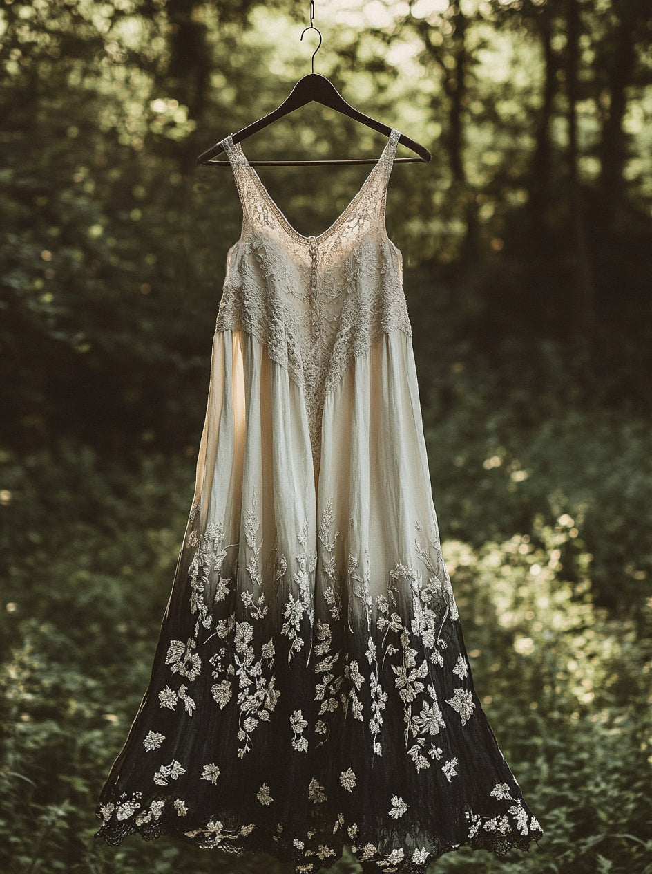 Floral Embroidered Pattern Linen Contrast Color Sling Dress artswardrobe