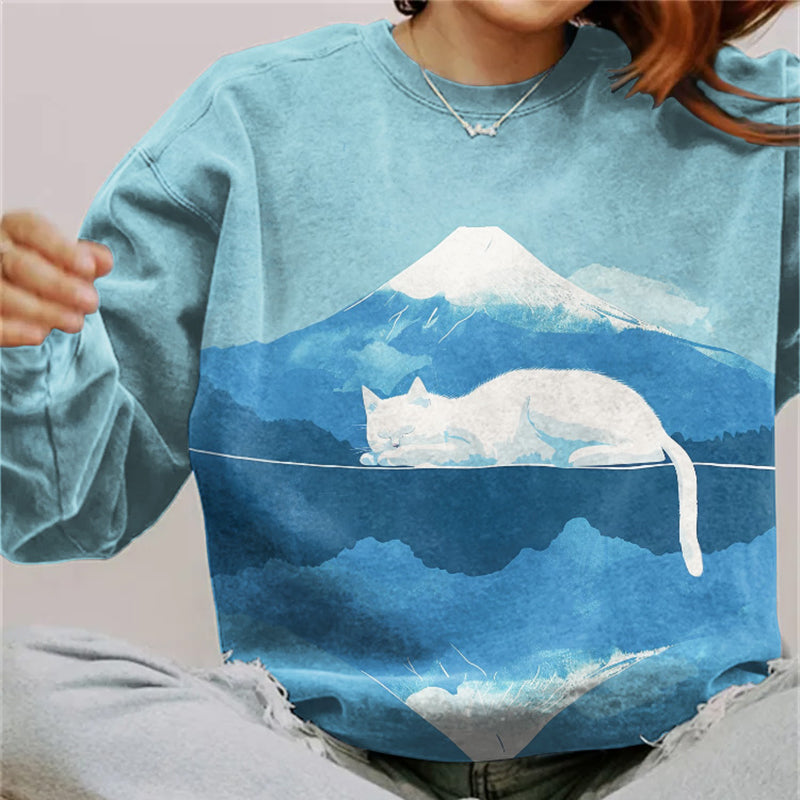 Abstract Creative Mount Fuji Lazy Cat Painting Art Print Sweatshirt elevenforest