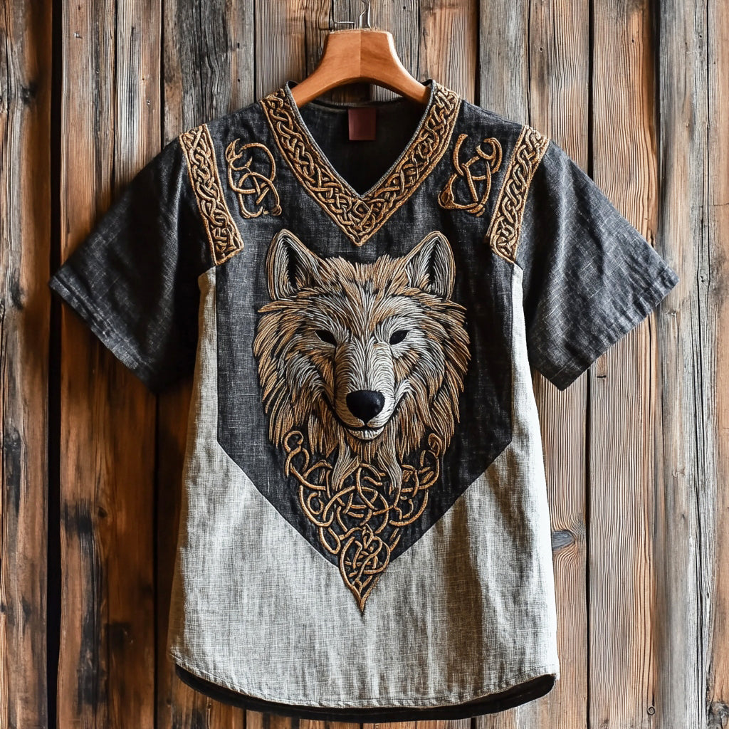 Men's Viking Celtic Wolf Embroidery Linen T Shirt artswardrobe