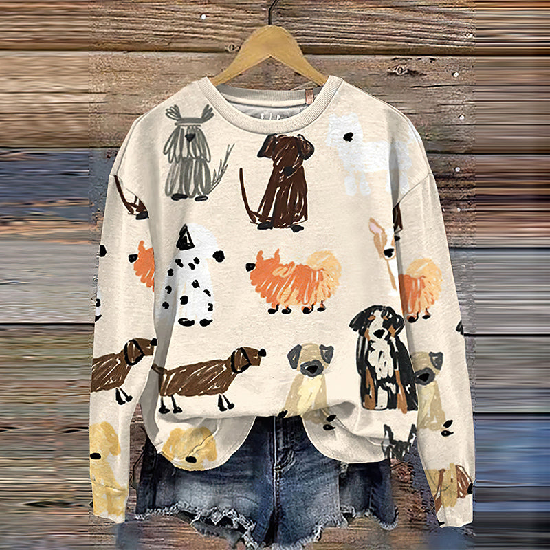 Comstylish Dog Art Print Round Neck Long Sleeve Casual Sweatshirt