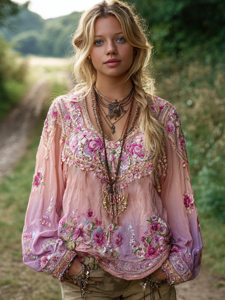 Women's Casual Gradient Purple And Pink Floral Embroidered Linen Long Sleeve Shirt artswardrobe