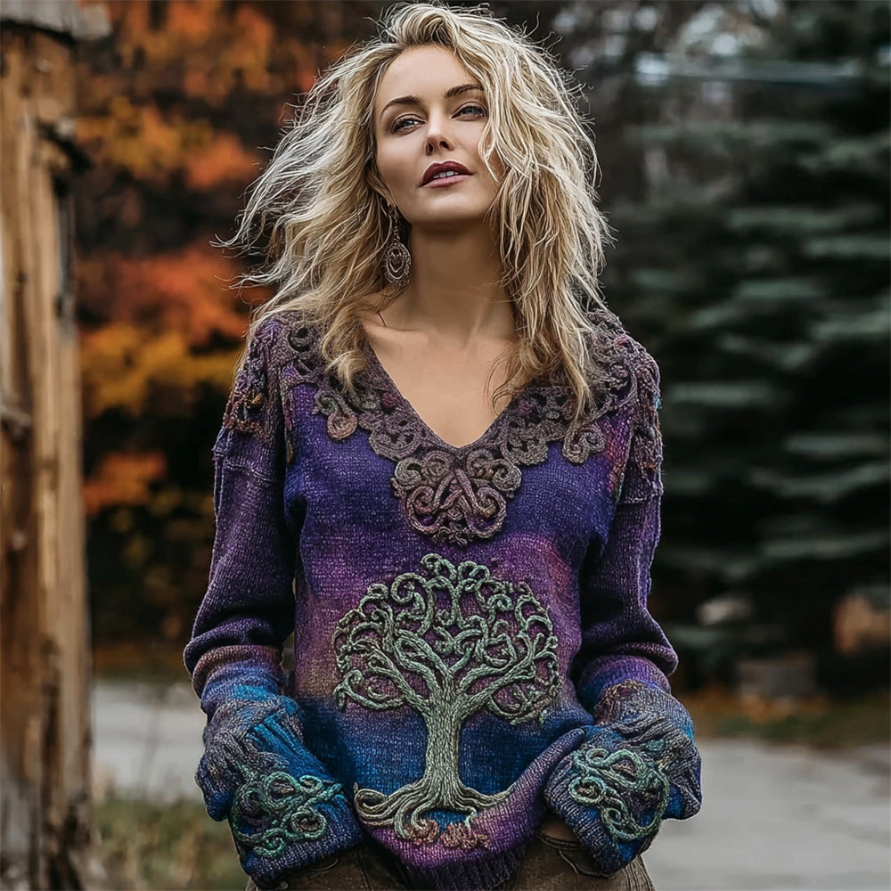 Viking Tree Of Life Knit Embroidered Women's V-neck Sweater artswardrobe