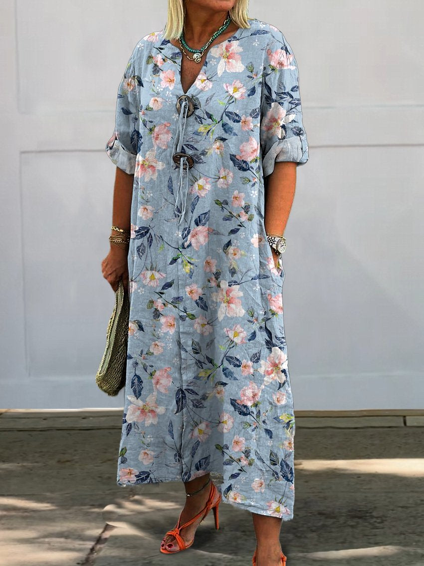 Spring Cherry Blossom Pattern Printed Women's Pocket Cotton Dress