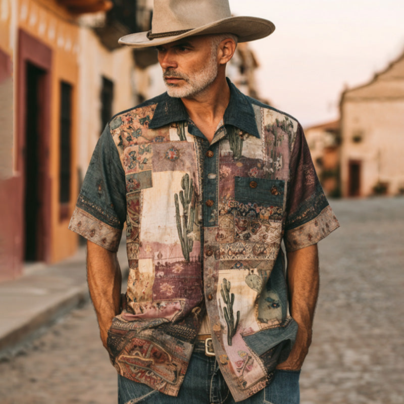 Men's Vintage Faded Denim Western-style Embroidered Printed Short Sleeve Shirt artswardrobe