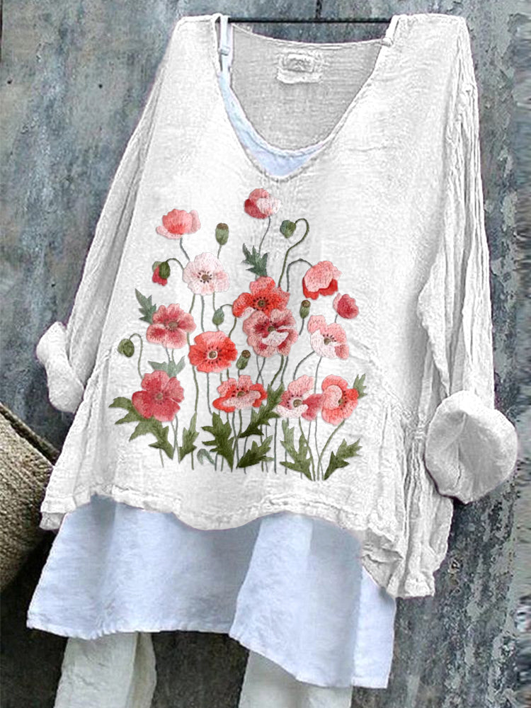 Comstylish Poppy Flower Embroidery Pattern Cozy Cotton Linen Shirt