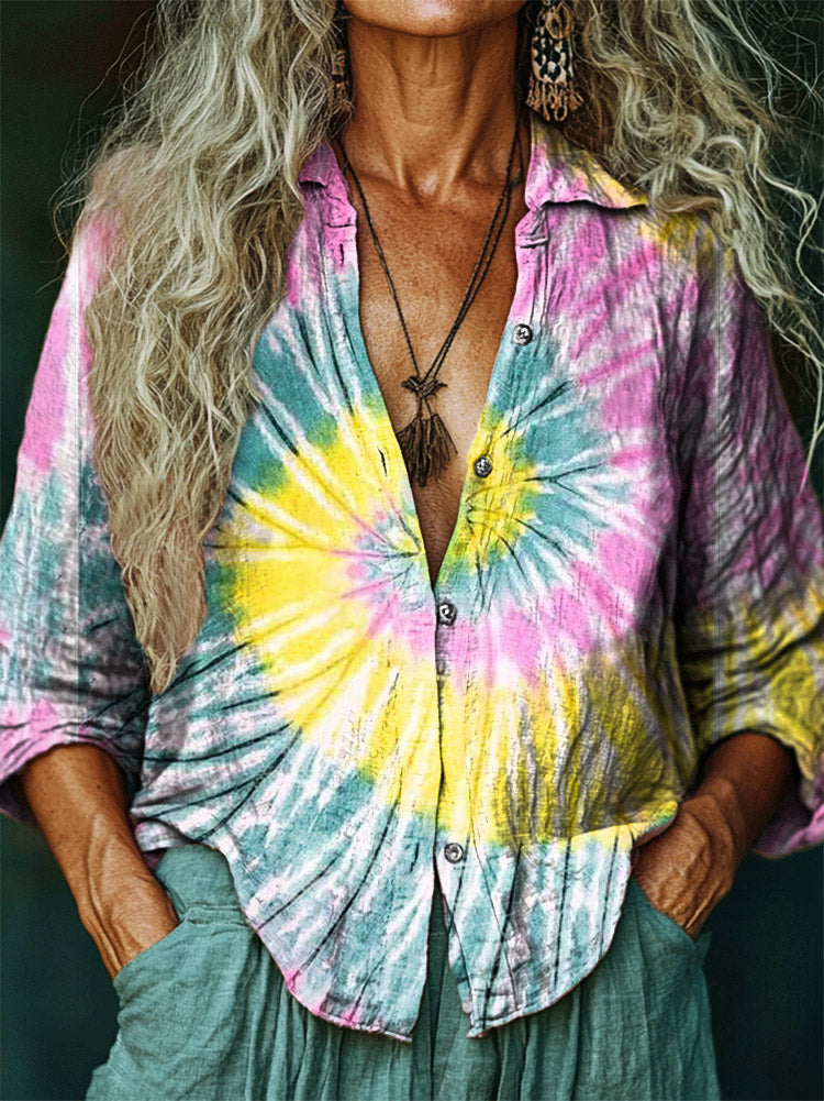 Women's Tie-Dye Pattern Art Print Casual Cotton Shirt