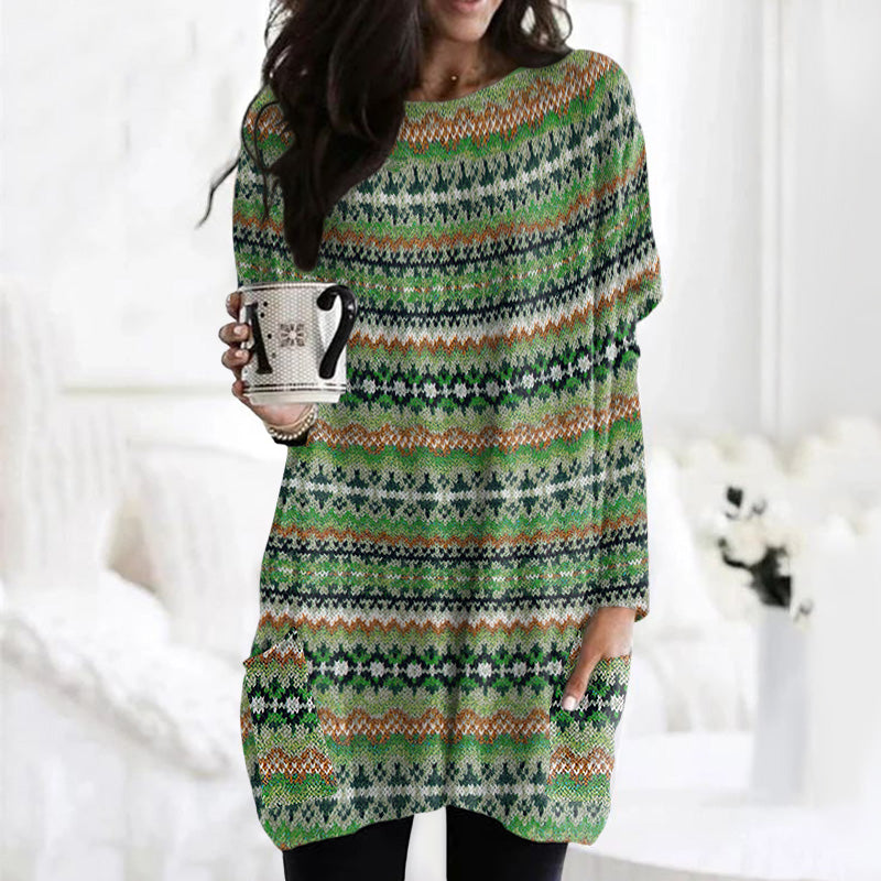 Vintage Icelandic Tribal Knitted Warm Round Neck Mid-Length Sweater Dress elevenforest