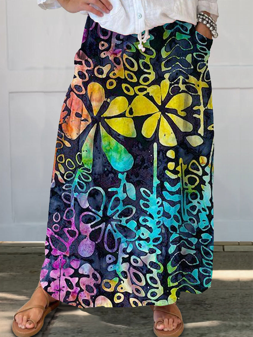 Women's Watercolor Flower Art Print Linen Pocket Skirt