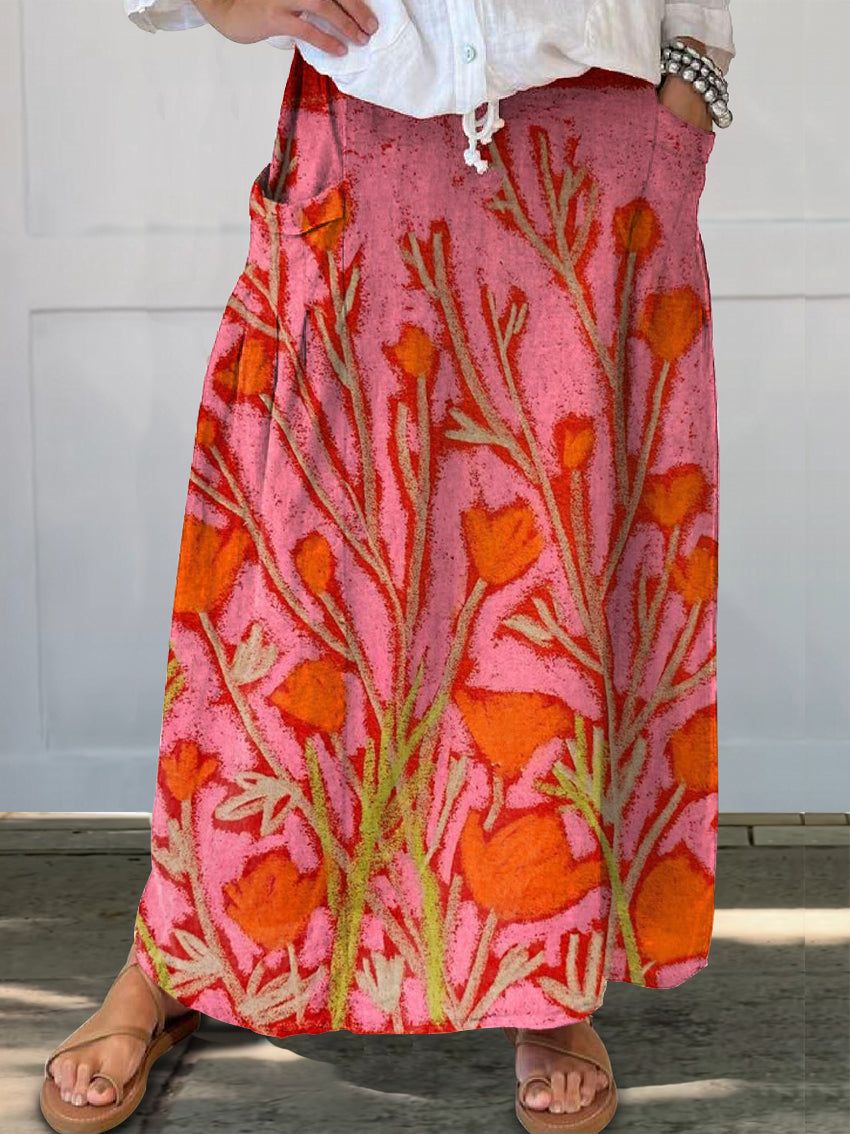 Women's Vintage Floral Art Print Linen Pocket Skirt