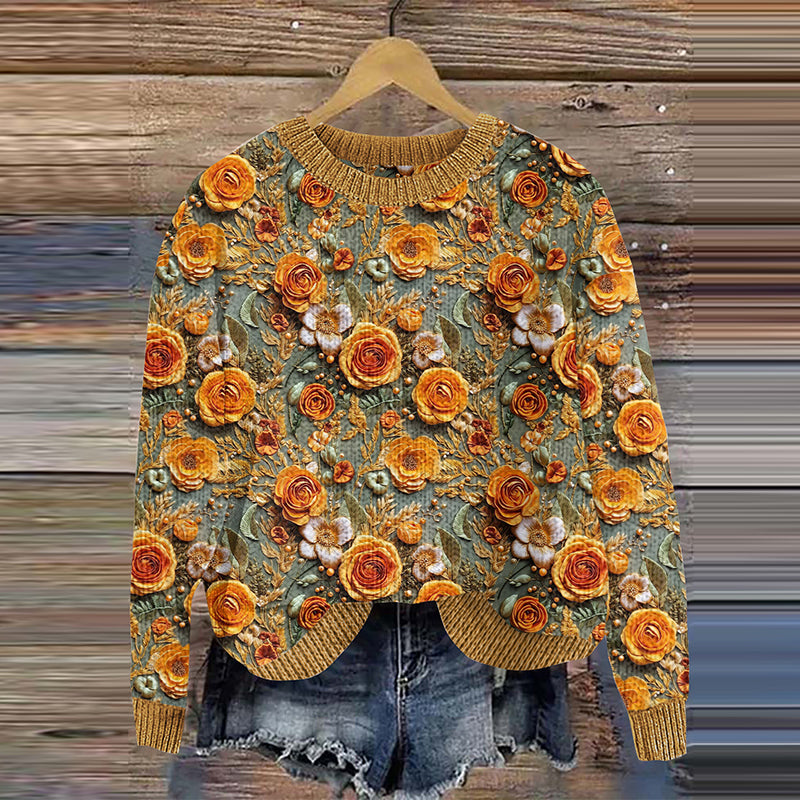 Flower Art Print Knitted Pullover Sweater artswardrobe