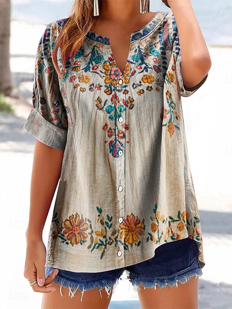 Women's Floral Pattern Art Print Cotton Linen Casual Shirt
