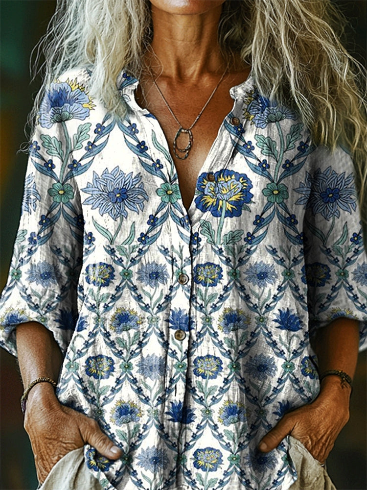 Women's Ethnic Floral Tattoo Pattern Art Print Casual Cotton Linen Shi