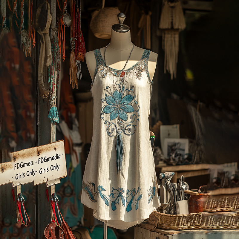 Women's Tribal Floral Casual Linen Sleeveless Dress artswardrobe