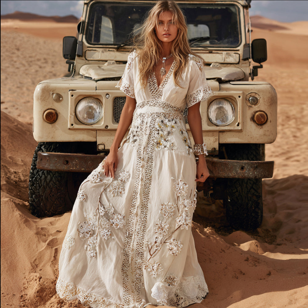 Bohemian-style Western Art Three-dimensional White Embroidered Bead Embroidery V-neck Short-sleeved Long Dress artswardrobe