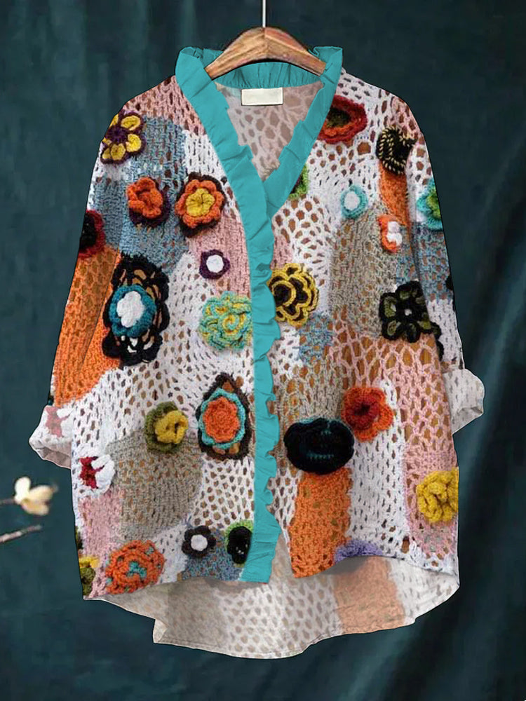 Colorful Floral Art Women's Knit Hollow Out Ruffle Shirt artswardrobe