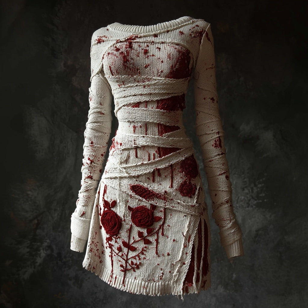Halloween Bloody Bandages Roses Cozy Sweater Dress artswardrobe