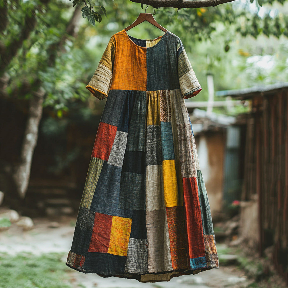 Vintage Color Block Linen Blend Midi Dress artswardrobe