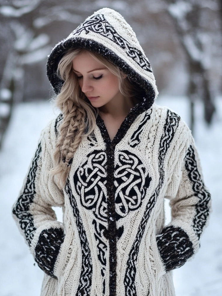 Women's Vintage Celtic Knot Jacquard Cozy Knit Hooded Cardigan elevenforest