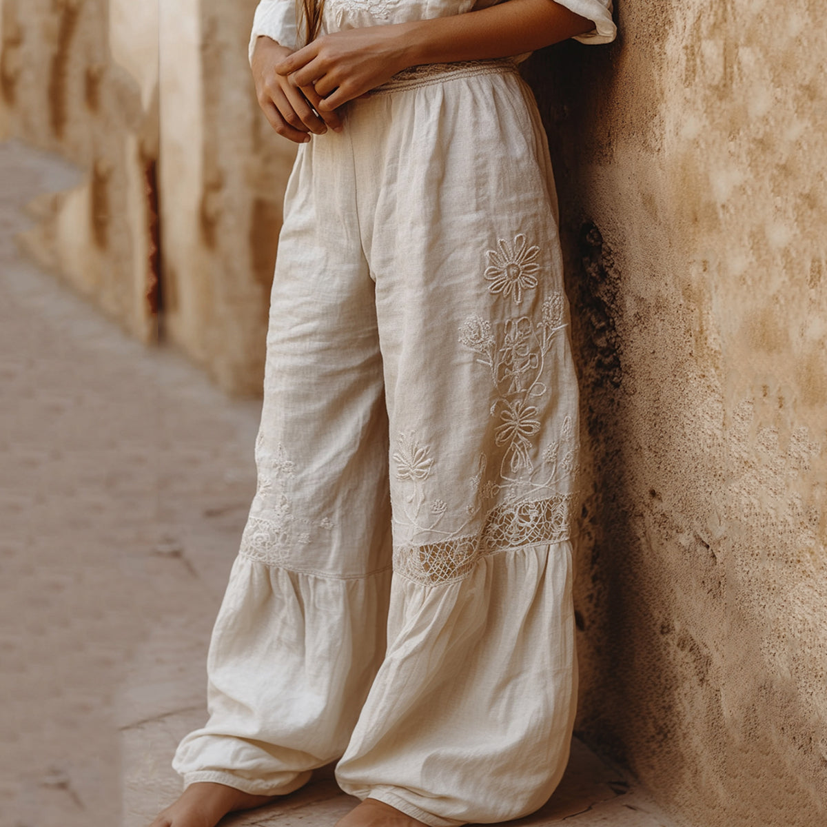 Women's Floral Embroidery Lace Art Casual Pants artswardrobe