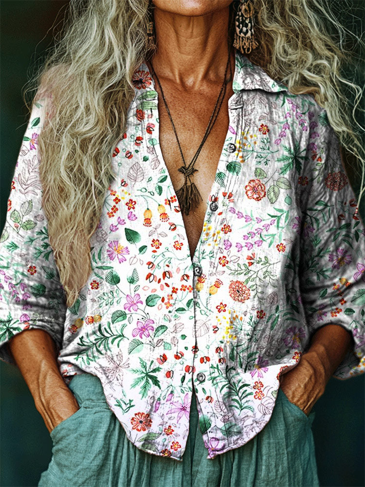 Women's Hippie Art Floral Print V-Neck Shirt