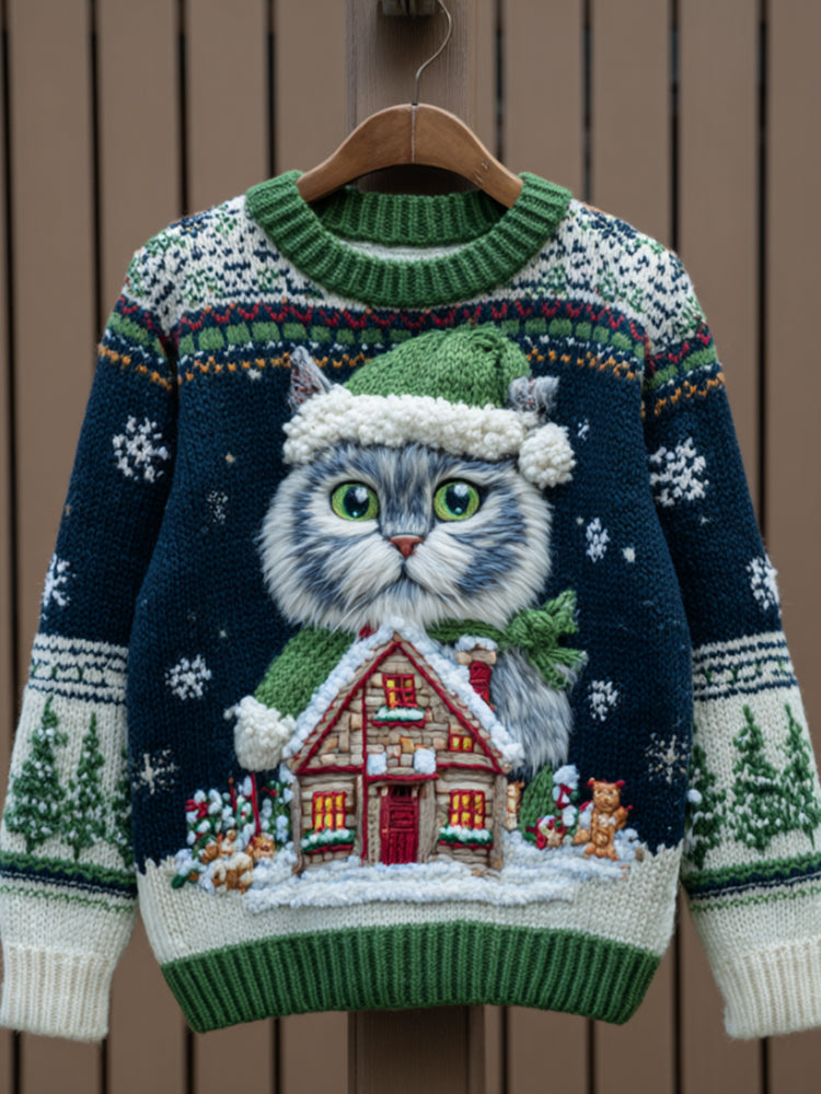 Men's Christmas Kitten Fair Island Round Neck Sweater artswardrobe