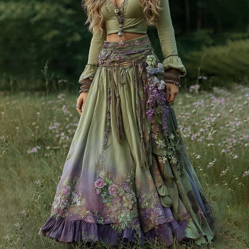 Vintage Boho Purple Floral Patchwork Art Flowy Casual Linen Skirt artswardrobe