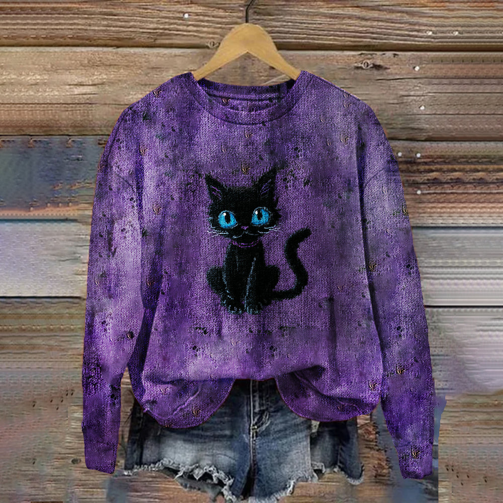 Halloween Blue-eyed Cat Purple Dirty Round Neck Sweater artswardrobe